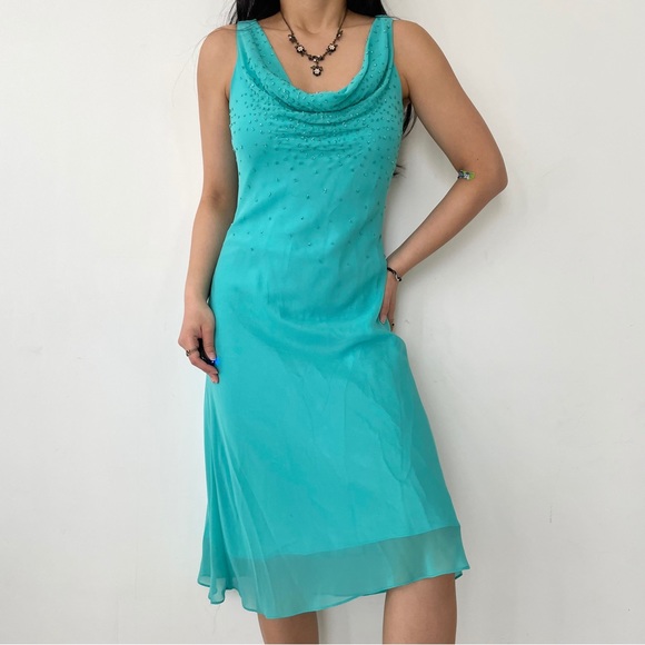 Vintage 1990s Chica’s USA Turquoise Beaded Cowl Neck Cocktail Dress - Large - Picture 3 of 4